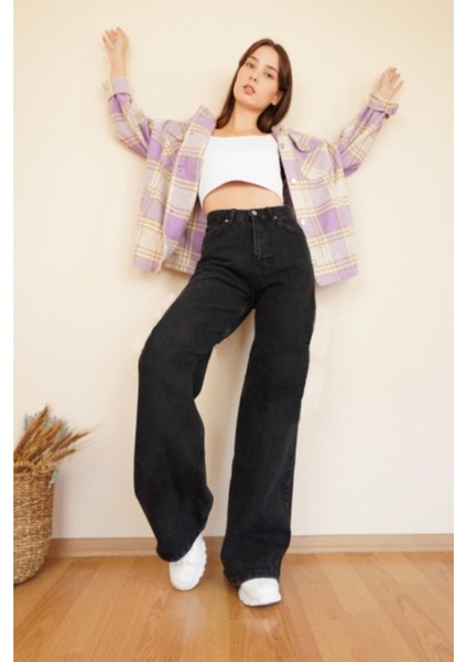 Alyona Siyah Likralı Salaş Wide Leg Jean - Yüksek Bel Kot Pantolon