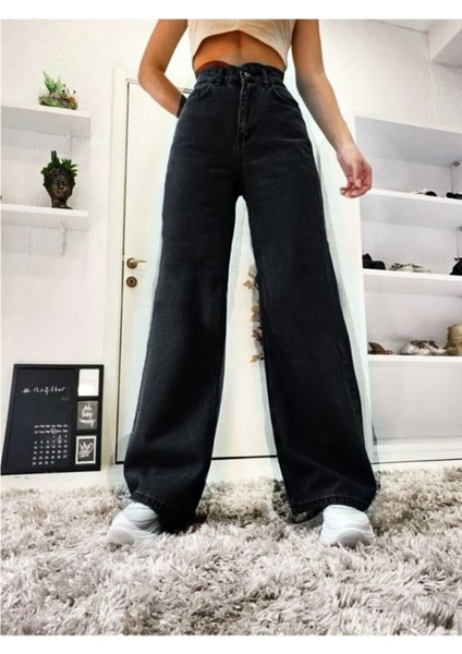 Ellara Siyah Süper Yüksek Bel Wide Leg Jeans Likralı Bol Paça Kot Pantolon