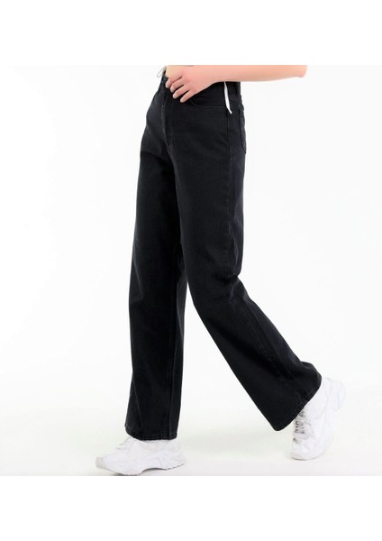 Kadın Siyah Yüksek Bel Geniş Paça Wide Leg Kot Pantolon