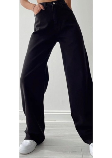 Delfin Solmaz Siyah Likralı Bol Paça Jean -Bol Wide Leg Kot Pantolon