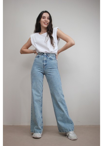 Kadın Açık Mavi Kar Yıkama Yüksek Bel Bol Paça Denim Kot Pantolon