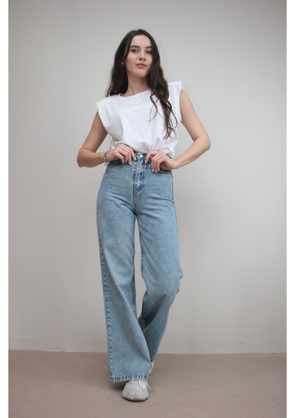 Kadın Açık Mavi Kar Yıkama Yüksek Bel Bol Paça Denim Kot Pantolon
