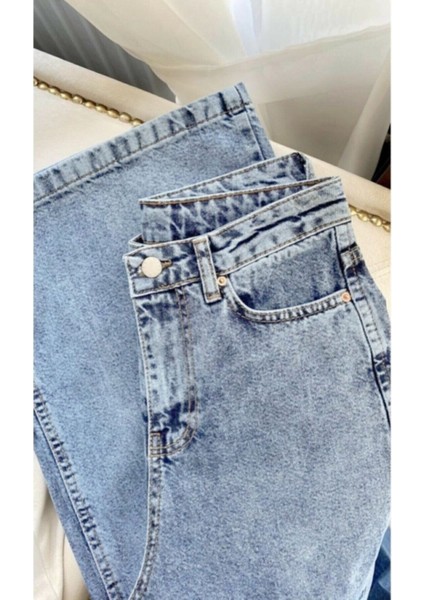 Noel Mavi Kar Likralı Süper Yüksek Bel Wide Leg Jean Salaş Geniş Paça Kot Pantolon