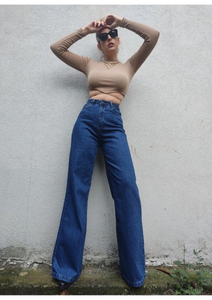 Flechazo Koyu Mavi Likralı Yüksek Bel Wide Leg Jean Salaş Geniş Paça Kot Pantolon