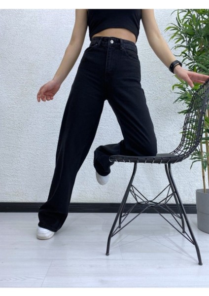 Solmaz Siyah Likralı Bol Paça Jean -Bol Wide Leg Kot Pantolon modelleri