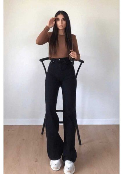 Siyah Likralı Yüksek Bel -Wide Leg Jean Salaş Geniş Paça Kot Pantolon