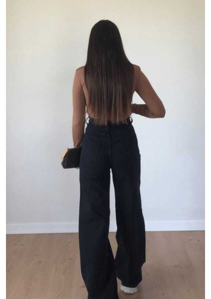 Siyah Likralı Yüksek Bel -Wide Leg Jean Salaş Geniş Paça Kot Pantolon