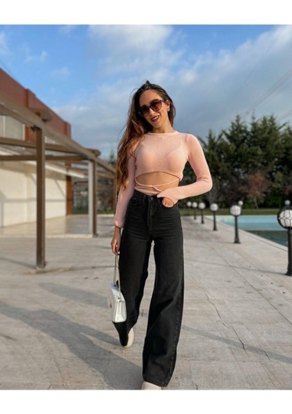 Kadın Siyah Yüksek Bel Likralı Bol Paça Kot Pantolon- Wide Leg