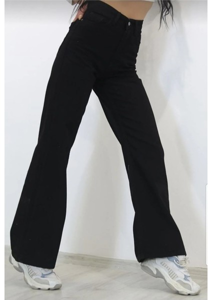 Siyah Süper Yüksek Bel Wide Leg Jeans Likralı Bol Paça Kot Pantolon