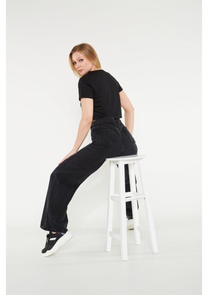 Kadın Siyah Yüksek Bel Geniş Paça Wide Leg Kot Pantolon indirimleri