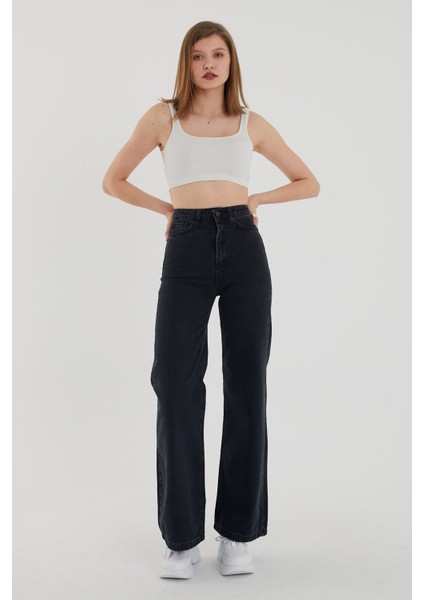 Süper Yüksek Bel Fermuar Detaylı 90's Wide Leg Jeans