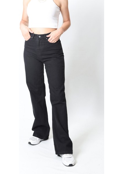 Kadın Siyah Yüksek Bel Geniş Paça Wide Leg Kot Pantolon