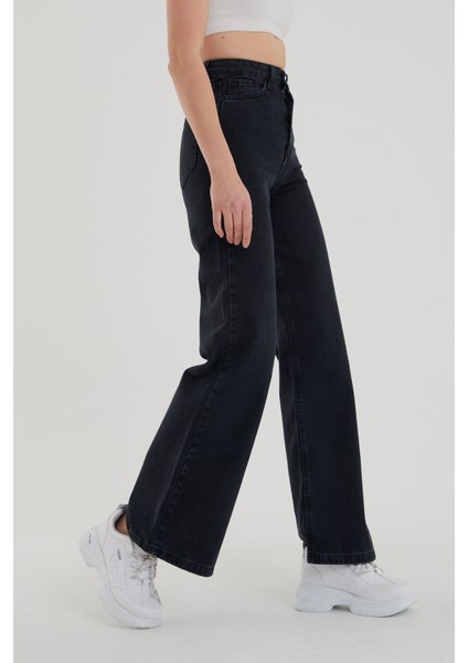 Kadın Siyah Yüksek Bel Geniş Paça Wide Leg Kot Pantolon fırsatları