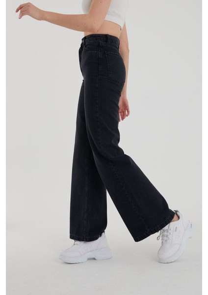 Kadın Siyah Likralı Süper Yüksek Bel Wide Leg Jean Salaş Geniş Paça Kot Pantolon (Süper Yüksek)