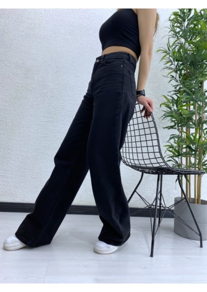 Siyah Süper Yüksek Bel Wide Leg Jeans Likralı Bol Paça Kot Pantolon