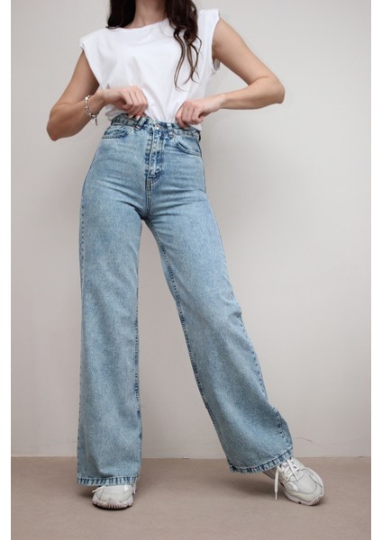 Kadın Açık Mavi Kar Yıkama Yüksek Bel Bol Paça Denim Kot Pantolon