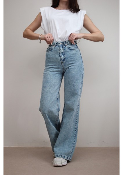 Kadın Açık Mavi Kar Yıkama Yüksek Bel Bol Paça Denim Kot Pantolon fiyatları