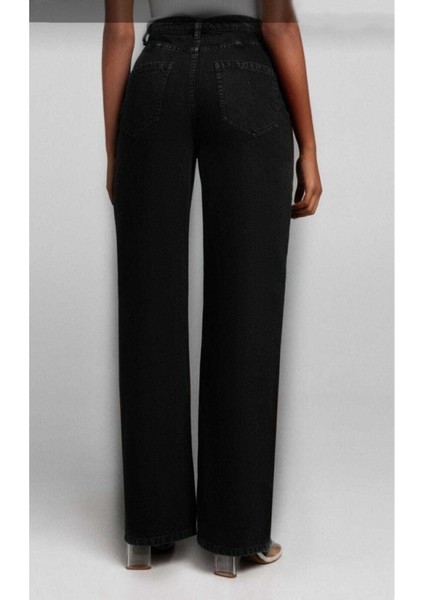 Siyah Yüksek Bel Bol Paça Denim Kot Pantolon