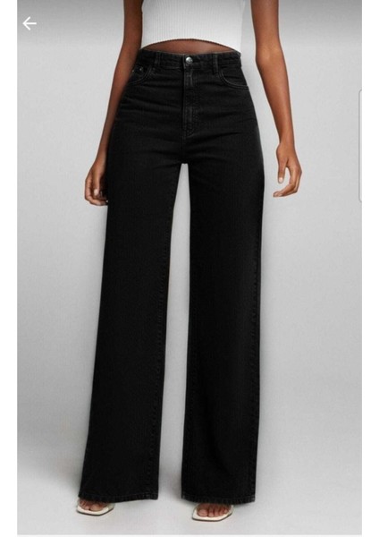 Siyah Yüksek Bel Bol Paça Denim Kot Pantolon fiyatları