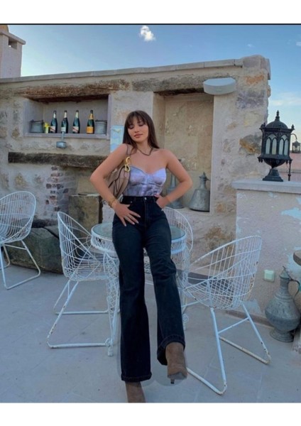 Siyah Yüksek Bel Wideleg Jean Pantalon