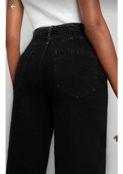 Siyah Yüksek Bel Bol Paça Denim Kot Pantolon fırsatları