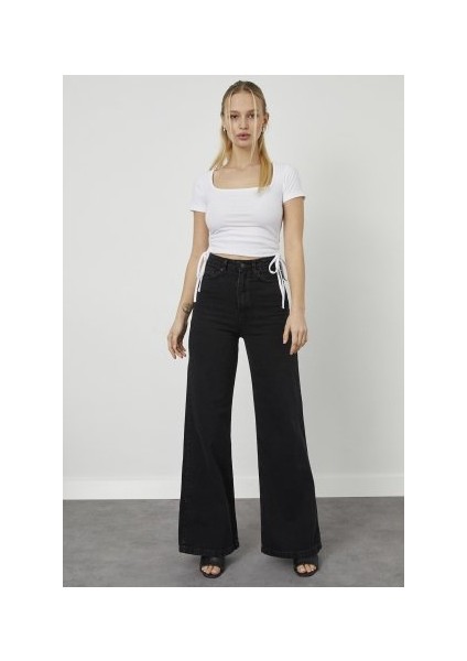 Kadın Siyah Yüksek Bel Geniş Paça Wide Leg Kot Pantolon fırsatları