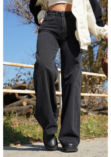 Siyah Yüksek Bel Fermuarlı Wideleg Jean Pantalon