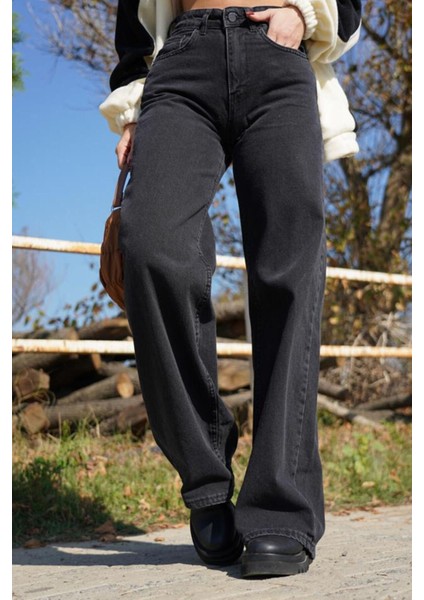Siyah Yüksek Bel Fermuarlı Wideleg Jean Pantalon fiyatları