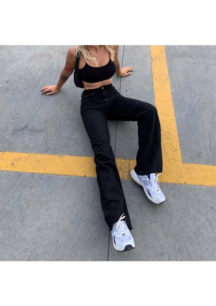 Siyah Süper Yüksek Bel Wide Leg Jeans Salaş Likralı Kot Pantolon ( Süper Yüksek )