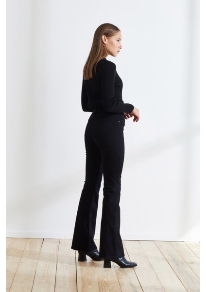 Fabian Kadın Simsiyah Likralı Ispanyol Paça Kot Pantolon