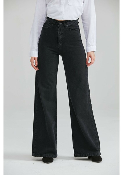 Kadın Siyah Yüksek Bel Likralı Bol Paça Denim Kot Pantolon- Wide Leg fiyatları