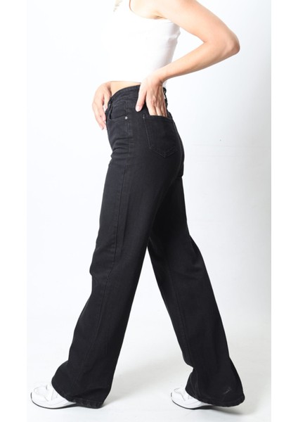 Kadın Siyah Yüksek Bel Geniş Paça Wide Leg Kot Pantolon indirimleri