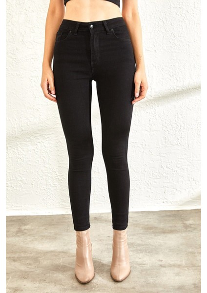 Jessa Siyah Kot Pantolon Dar Paça Yüksek Bel - Simsiyah Skinny Jeans Solmayan Siyah fırsatları