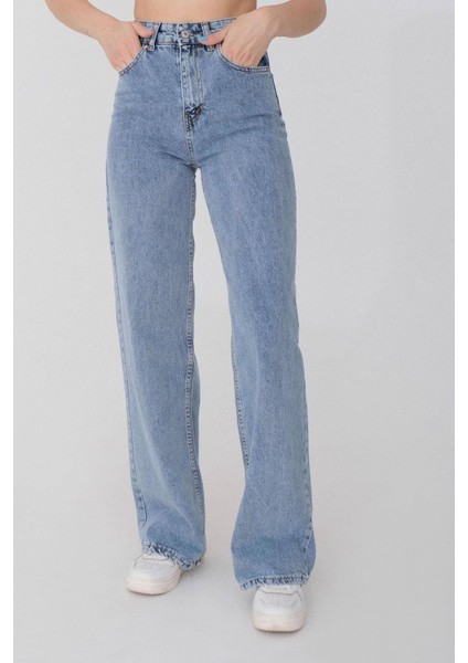 Kadın Mavi Cep Detaylı Süper Yüksek Bel Wide Leg Jeans Salaş Bol Paça Kot Pantolon ( Likralı )