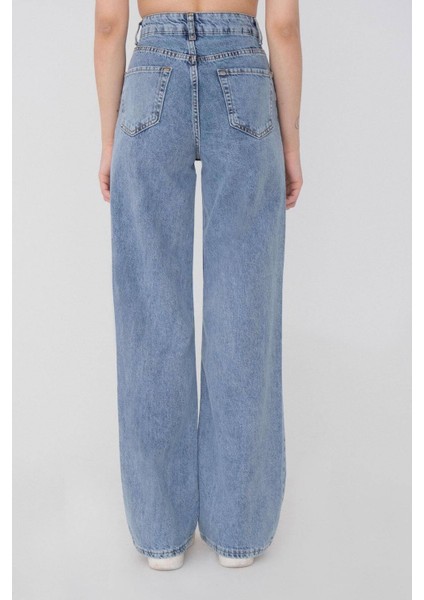 Kadın Mavi Cep Detaylı Süper Yüksek Bel Wide Leg Jeans Salaş Bol Paça Kot Pantolon ( Likralı ) fırsatları