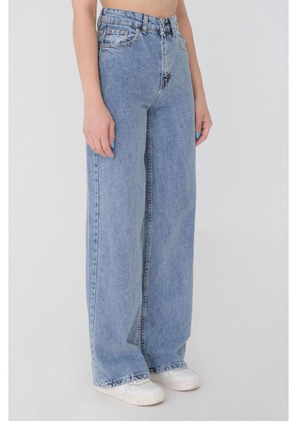 Kadın Mavi Cep Detaylı Süper Yüksek Bel Wide Leg Jeans Salaş Bol Paça Kot Pantolon ( Likralı ) indirimleri
