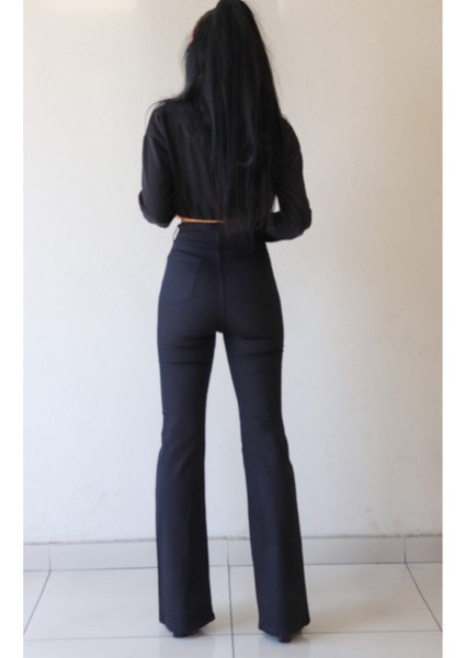 Kadın Siyah Yüksek Bel Ispanyol Paça Solmayan Jeans Kot Pantolon