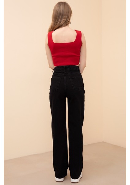 Alazne Siyah Bol Paça Denim Kot Pantolon (Geniş Model)-Wide Leg fırsatları