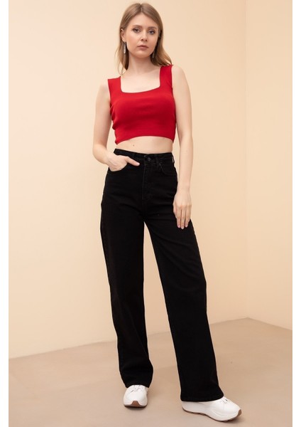 Alazne Siyah Bol Paça Denim Kot Pantolon (Geniş Model)-Wide Leg