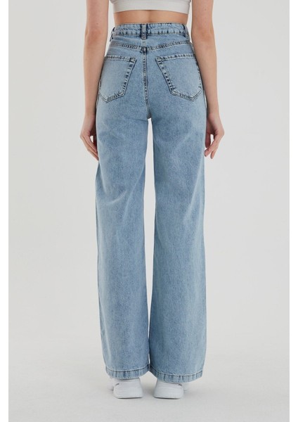 Kadın Açık Mavi Kar Yıkama Yüksek Bel Bol Paça Denim Kot Pantolon