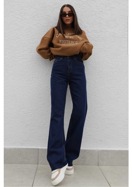 Zayn Koyu Mavi Likralı Süper Yüksek Bel Wide Leg Jean Salaş Geniş Paça Kot Pantolon