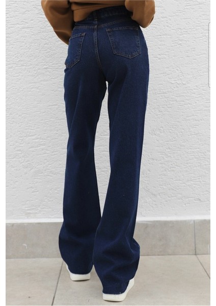 Zayn Koyu Mavi Likralı Süper Yüksek Bel Wide Leg Jean Salaş Geniş Paça Kot Pantolon fiyatları