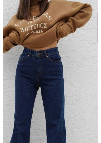 Zayn Koyu Mavi Likralı Süper Yüksek Bel Wide Leg Jean Salaş Geniş Paça Kot Pantolon modelleri