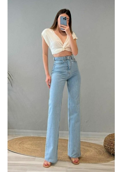 Oprah Mavi Kar Yıkama Yüksek Bel Bol Paça Denim Kot Pantolon- Geniş Paça