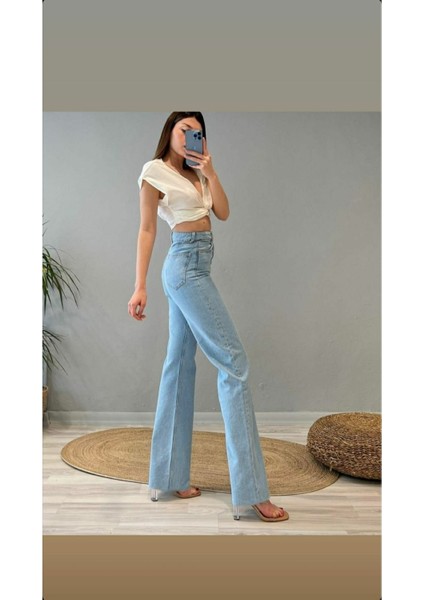 Oprah Mavi Kar Yıkama Yüksek Bel Bol Paça Denim Kot Pantolon- Geniş Paça