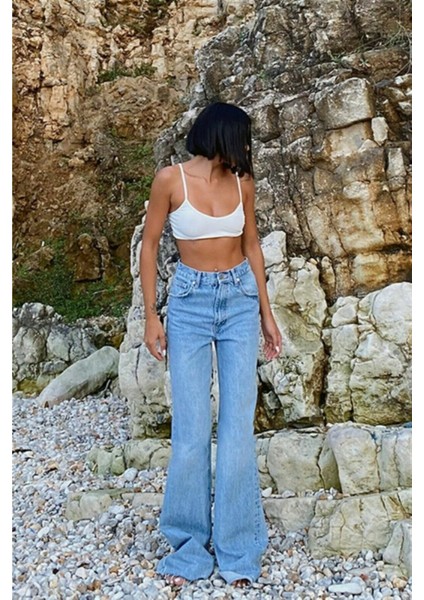 Forbes Açık Mavi Kar Yıkama Süper Yüksek Bel Bol Paça Denim Kot Pantolon