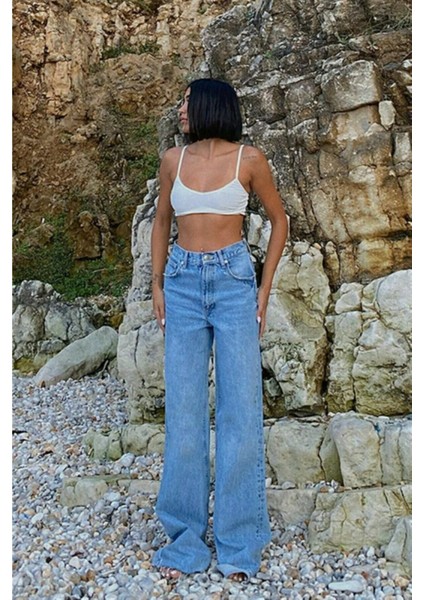 Forbes Açık Mavi Kar Yıkama Süper Yüksek Bel Bol Paça Denim Kot Pantolon fiyatları