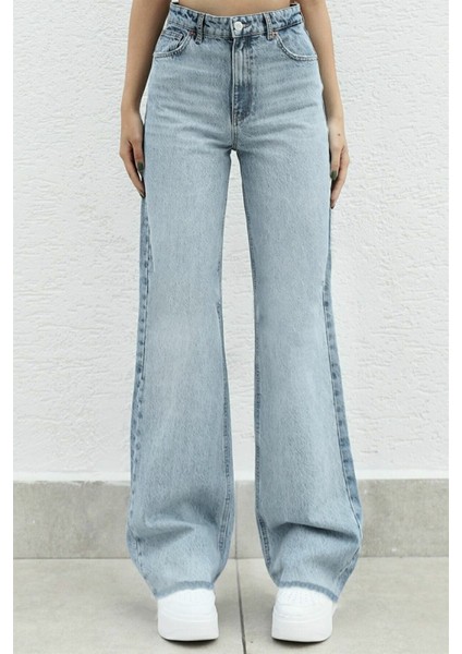 Likralı 90's Kadın Mavi Süper Yüksek Bel Bol Paça Denim Kot Palazzo Pantolon fiyatları