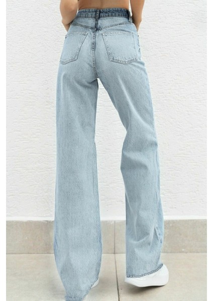 Likralı 90's Kadın Mavi Süper Yüksek Bel Bol Paça Denim Kot Palazzo Pantolon fırsatları