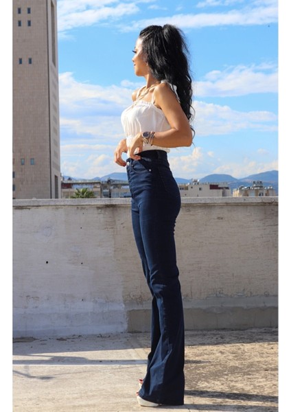 Amber Koyu Mavi Yüksek Bel Ispanyol Paça Likralı ,rahat ,yumuşak Kot Pantolon,